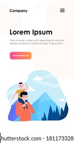 Father with son walking in mountains. Forest, route, parent flat vector illustration. Nature and fatherhood concept for banner, website design or landing web page