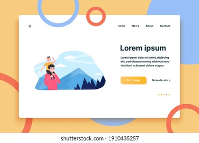 Father with son walking in mountains. Forest, route, parent flat vector illustration. Nature and fatherhood concept for banner, website design or landing web page