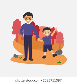 Father and Son Walking in Nature, Happy Family Moment in Flat Style Illustration. Warm Outdoor Scene