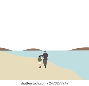 Father and son walking near lake in the mountains.  People having fun on summer vacation. Love, fatherhood and family