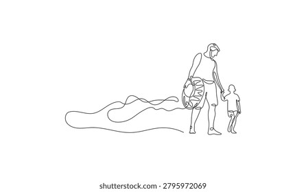 Father and son walking on beach, minimalist continuous one line drawing style vector illustration