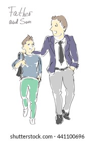 Father and Son walking. Parenthood, Fatherhood, Family, Teenagers, Father`s Day, Heir concept .