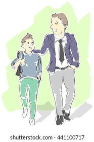 Father and Son walking. Parenthood, Fatherhood, Family, Teenagers, Father`s Day, Heir concept .