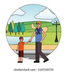 father and son walking in the street park