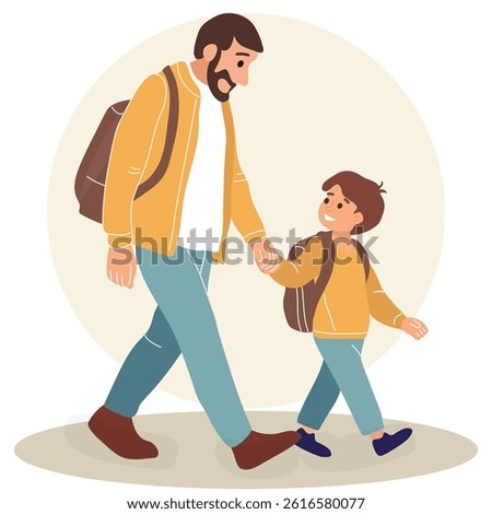 Father and son, walking, strolling, talking, holding hands. Dressed in pants, sweater, with backpacks, smiling and looking at each other. Family scene, walk, care, parenting, education vector