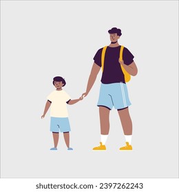 Padre e hijo caminando juntos con mochila. Ilustración vectorial en estilo plano