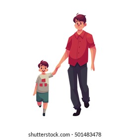 Father and son walking together, cartoon vector illustrations isolated on white background. Young handsome dad holding his little son hand and walking together, happy family concept