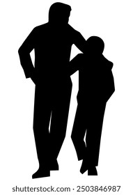 Father and son walking together. Fatherhood concept. Silhouette illustration on white background. 