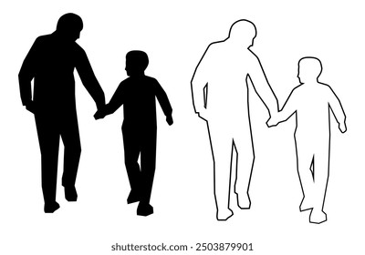 Father and son walking together. Fatherhood concept illustration. Silhouette and outline illustration on white background.