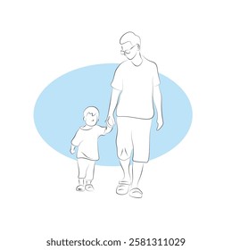 father and son walking together illustration vector hand drawn with black lines isolated on white 