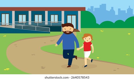 Father and son walking together in the park. Vector illustration in flat style