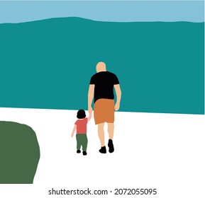 Father and son walking together in summer park. Family enjoying outdoors. Parenting flat vector illustration