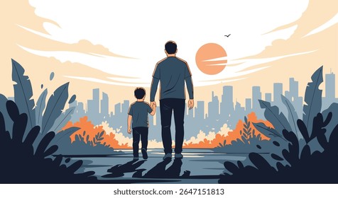 Pai e Filho caminhando em direção ao horizonte da cidade