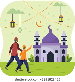 Father And Son Walking Towards A Mosque concept, Children going  Prayer-Salat-ul-Eidayn vector icon Design, Ramazan and Eid al-Fitr Symbol, Islamic and Muslims fasting Sign Arabic holiday celebration