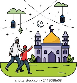 Father And Son Walking Towards Mosque concept, Children going Prayer-Salat-ul-Eidayn vector colorline Design Ramadan and Eid al-Fitr Symbol, Islamic and Muslims fasting Sign Arabic holiday celebration