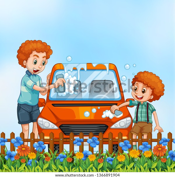 Father and son washing\
car illustration