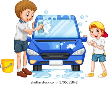 Father and son washing car on white background illustration