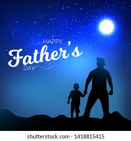 Father and son watching the blue sky view from hands. Happy Father's Day Calligraphy greeting card. Vector illustration.