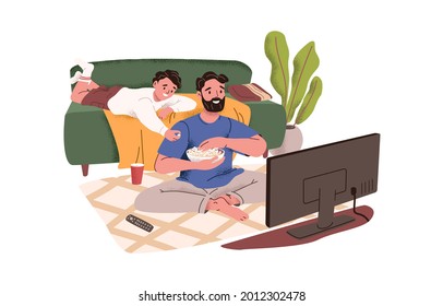 Father and son watching movie on TV at home. Happy dad and kid resting with popcorn in living room. Parent spending time together with child. Flat vector illustration isolated on white background.