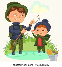 father and son water fishing holding rod and bucket full fish, family kids vacation happy fathers day, dad with child isolated on white background vector illustration, little boy fisherman have catch