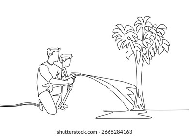 A father and son water tree using garden hose in one line drawing style, representing nature concept, physical outdoor activity, family connection, and celebration of National Gardening Exercise Day.