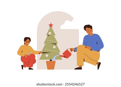 Father and son watering decorated xmas tree in the pot. Man and child boy plant young fir for winter holidays. Reuse and growth houseplant at home conservation concept. Vector illustration