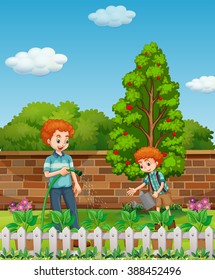 Father and son watering plants in the garden illustration