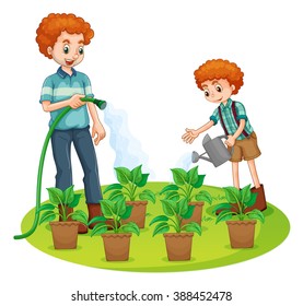 Father and son watering the plants illustration