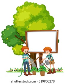 Father and son watering the plants illustration