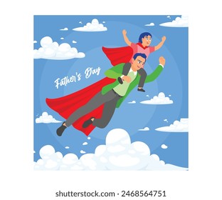 Father and son wearing superhero costumes. Carrying a boy on his shoulder. Father's Day concept. Flat vector illustration.