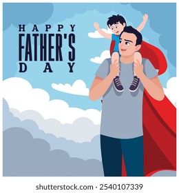 Father and son wearing superhero costumes. Father carries his son on his shoulders. Father's Day concept. Flat vector illustration.