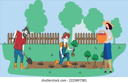 
father, son, who sows seeds to grow vegetables, mother who brings them food