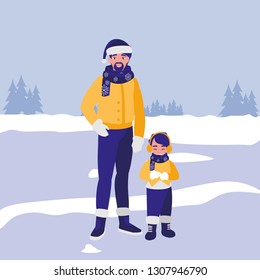 father and son with winter clothes
