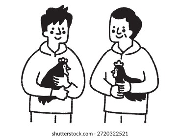 Father and son in work clothes holding chickens_2