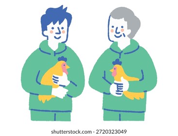 Father and son in work clothes holding chickens_Color