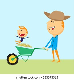 Father and son at work. Family farming or happy family.