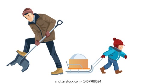 Father and son work together. Dad and boy cleans snow in the yard. Outdoor activity. Happy family. Concept Fatherhood child-rearing. Cartoon flat isolated vector illustration.