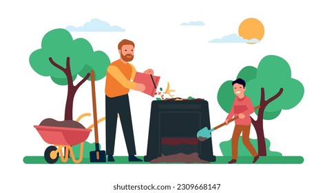 Father and son working in garden. Man pouring bucket of waste into composting bin. Organic fertilizer. Boy loading finished compost into wheelbarrow. Garbage recycling