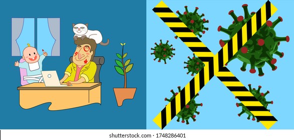 Father and son Working at home.coworking space. concept illustration. Young people.man freelancers working on laptops and computers at home.  People at home in quarantine. Vector flat style.