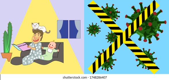 Father and son Working at home.coworking space. concept illustration. Young people.man freelancers working on laptops and computers at home.  People at home in quarantine. Vector flat style.