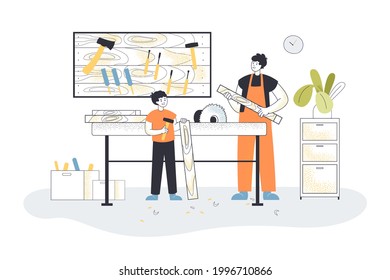 Father and son in workshop. Dad and boy using carpentry tools, garage interior flat vector illustration. Carpentry, DIY, hobby concept for banner, website design or landing web page