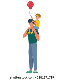 Father and son. Young man holds a child with a balloon in his arms. The concept of family rest and love. Vector flat illustration isolated on the white background. 