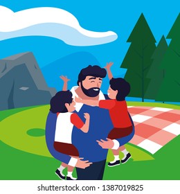 father with sons characters in the field picnic day