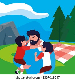 father with sons characters in the field picnic day