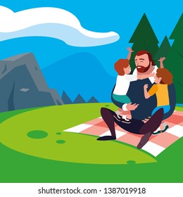 father with sons characters in the field picnic day