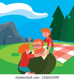 father with sons characters in the field picnic day vector illustration design
