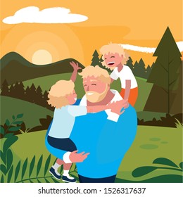 father with sons characters in the field vector illustration design