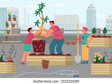 Father And Sons Gardening In The Rooftop Garden Vector Illustration. Man And Two Boys Planting Tree.