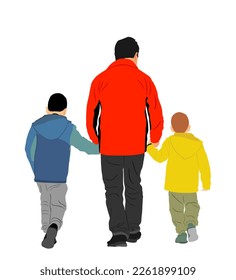 Father and sons hold hands and walking. Dad carrying boys vector illustration. Fathers day. Family love, outdoor activity. Children with parent. Family values. Adopted child enjoy.