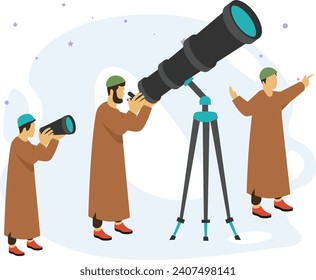 Father and sons observing the crescent moon together concept,  Cultural moon sighting vector Design, Ramadan and Eid al-Fitr Symbol, Islamic and Muslims fasting Sign Arabic holidays celebration stock 